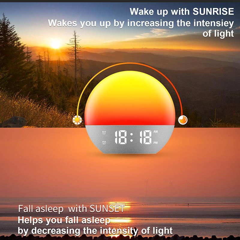 Wake Up Light Alarm Clock Sunrise/Sunset Simulation FM Radio Color Night Light  White Noise Machine Bedside Clock for Home Decor