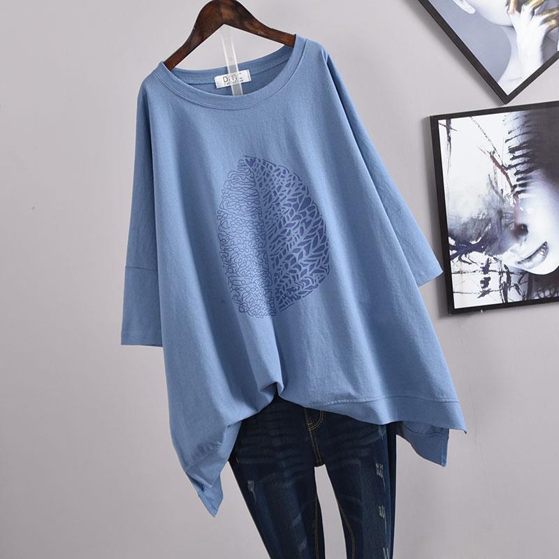 

Women s T-shirt O-neck Leaf Print Short-sleeved T-shirt Irregular Hem Loose Top Top Summer XXXL синий