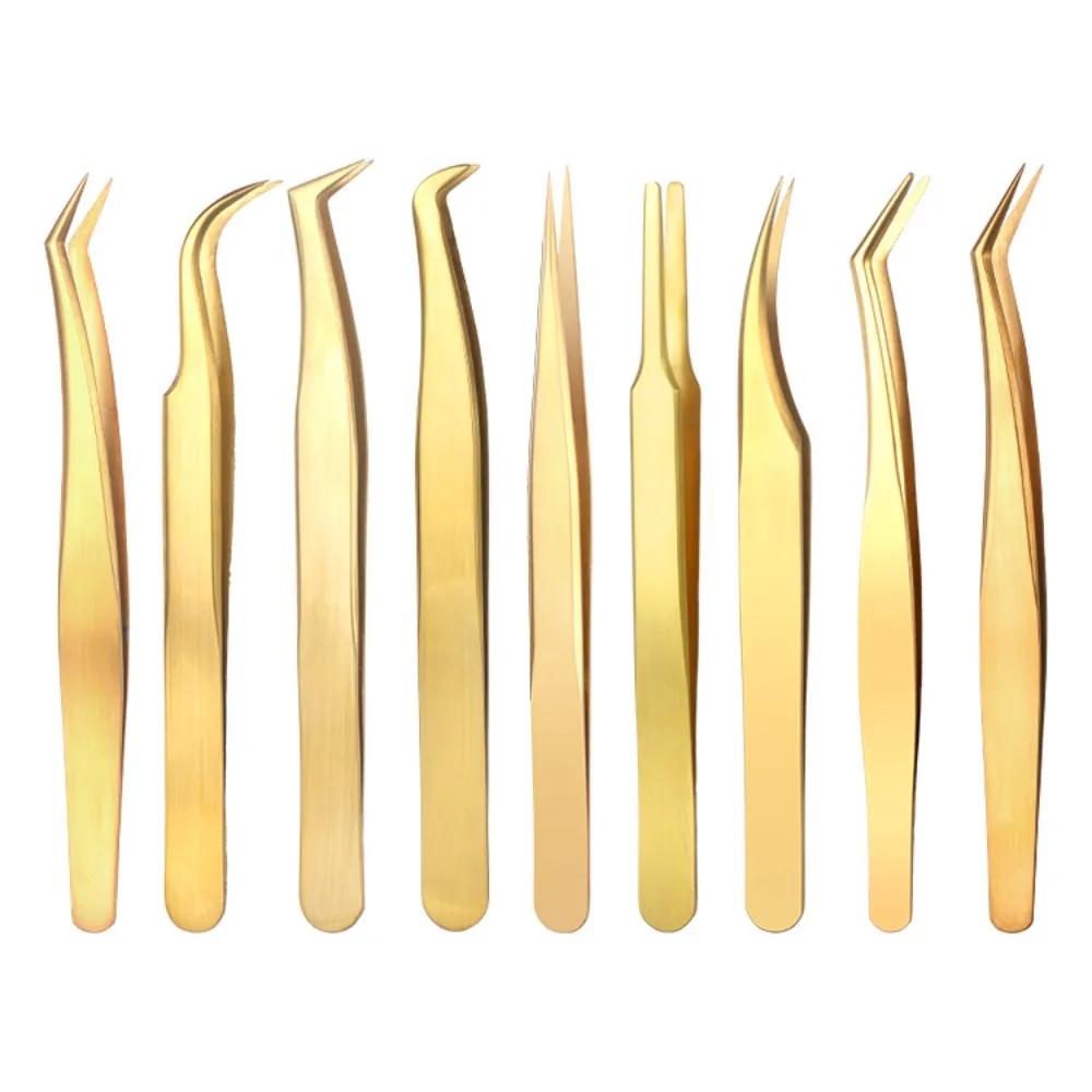 New Stainless Steel Lash Extension Tweezers Anti-Slip Gold Curved Tip Tweezers Straight Tweezers Makeup Accessories