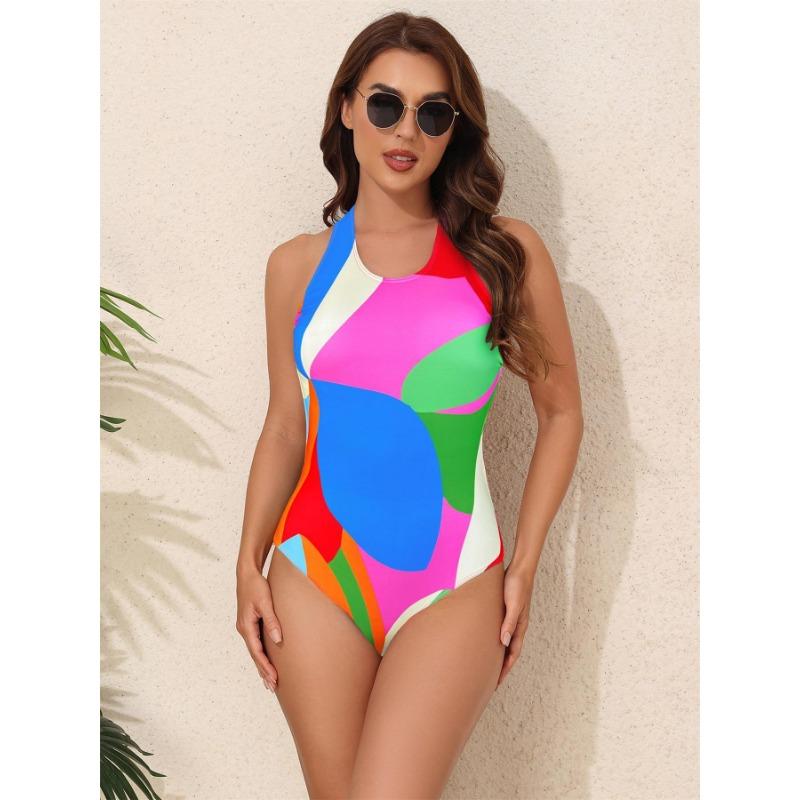 Women Sexy Backless One Piece Color Block Swimsuit For Beach