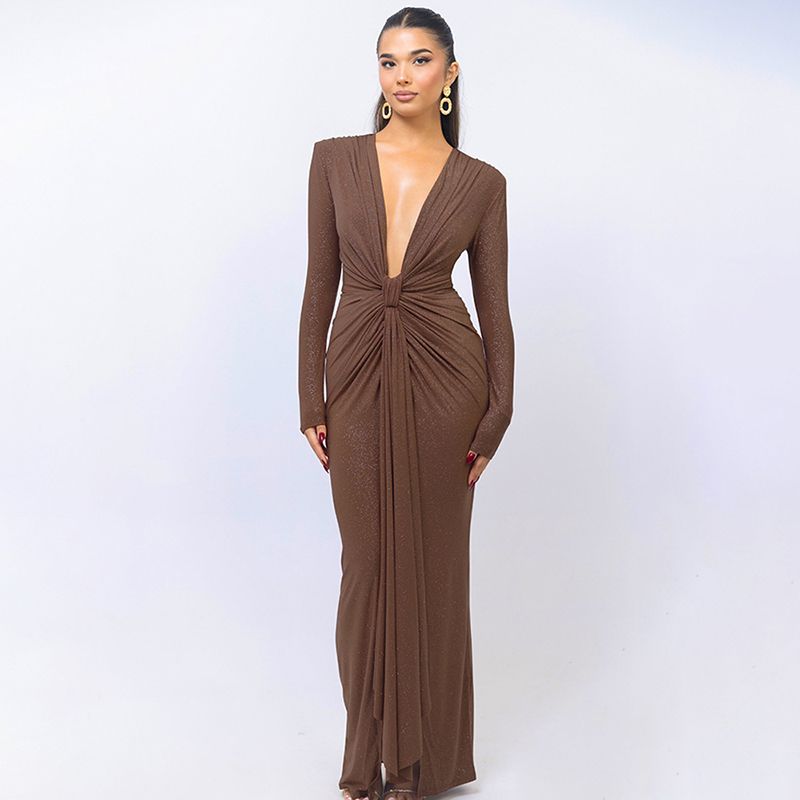 

Western Style Ins New Fashion Deep V-neck Ribbon Long dress Sexy Gyaru Split Slim fit Pleated Dress Women Khaki L
