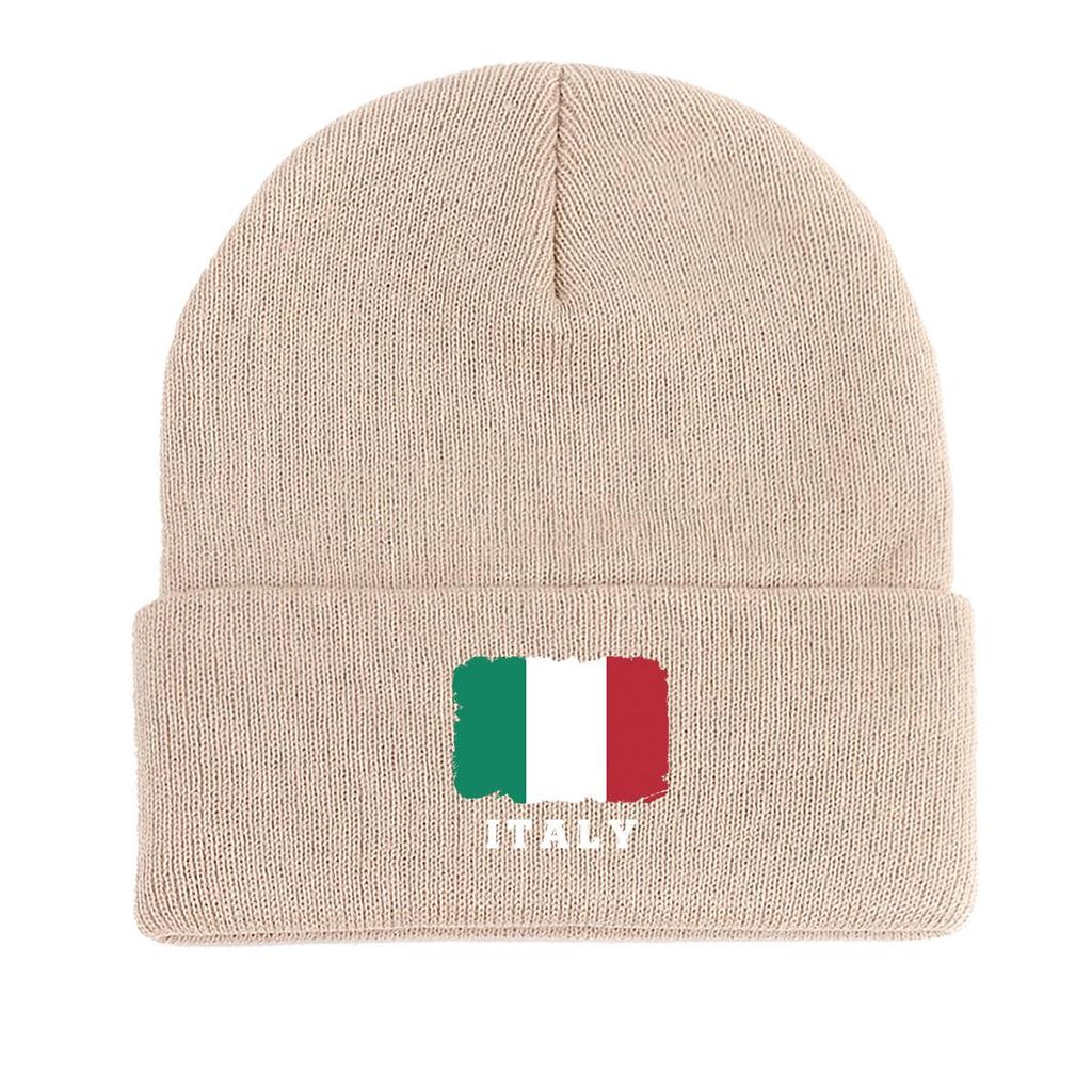 Flag of Italy Print Knit Cap Beanie, Patriotic Woman Cap Soft Stretchable Headwear Pompom Beanies Knitted Hat Beanie