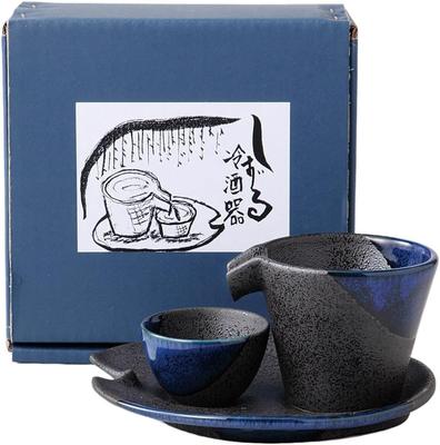 Sake Tokkuri and Ochoko W9 X D8 X Black Blown Blue Flow Cold Sake Mino Ware Made In Japan Ale-net Set, Set, H7cm, 120cc, Design, Shizuru, Set,
