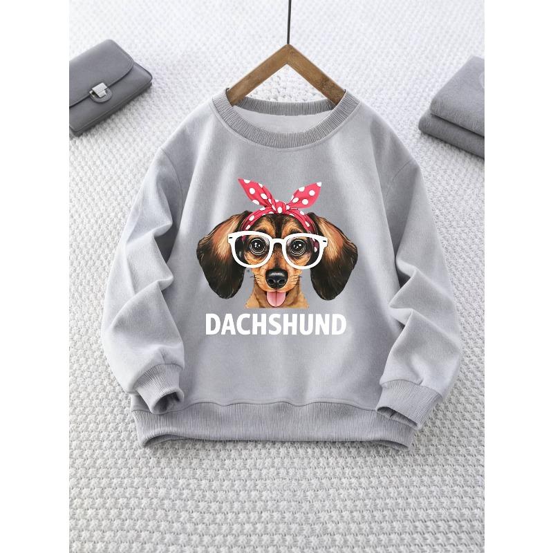 Girl's Round Neck Sweatshirt with Cartoon Dachshund Wearing Glasses and Headscarf Print, Halloween