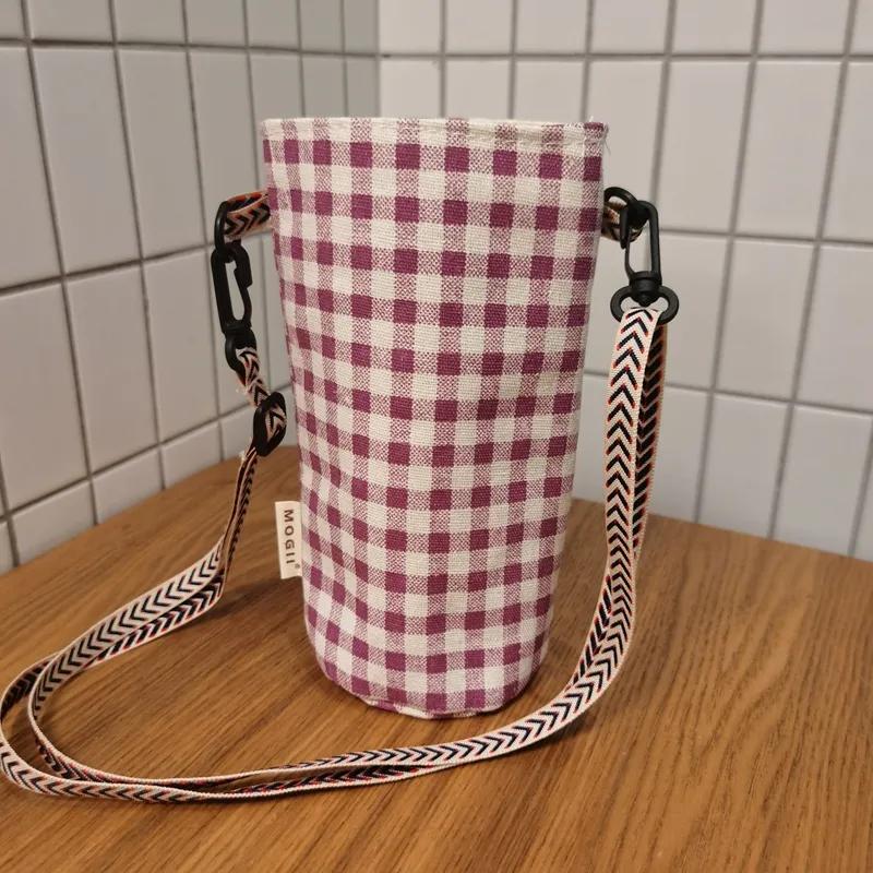 Becher-Aufbewahrungstasche Baumwolle Leinen Canvas Outdoor Wasserbeuteltasche Einfache Handheld-Hängeseil Diagonale Spannbecherhülle Milchtee Isolierbecherhülle YLE59