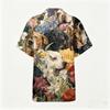 Men’s Short Sleeve Cotton Linen Shirt with Animal and Botanical Print Casual Collared Button Down Top for Spring and Summer