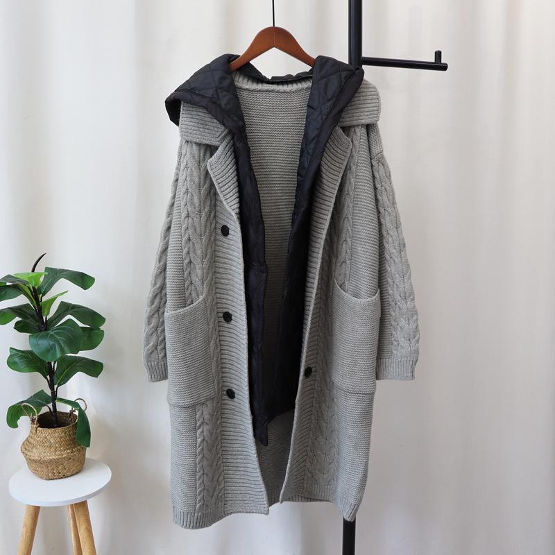 Long over-knee splicing cotton clothes knitted cardigan autumn and winter new hooded loose design sweater jacket women