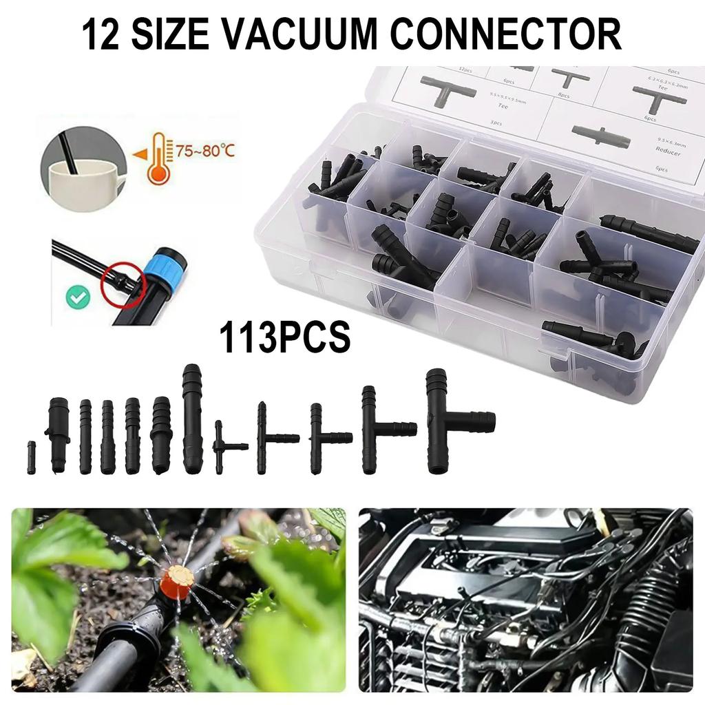 Kit Assortimento Connettori Sottovuoto 113 Pezzi Tubi Sottovuoto Automobilistici Connettori a T Giunti Tubo Spruzzatore Acqua Tubo di Collegamento Tergicristallo Auto