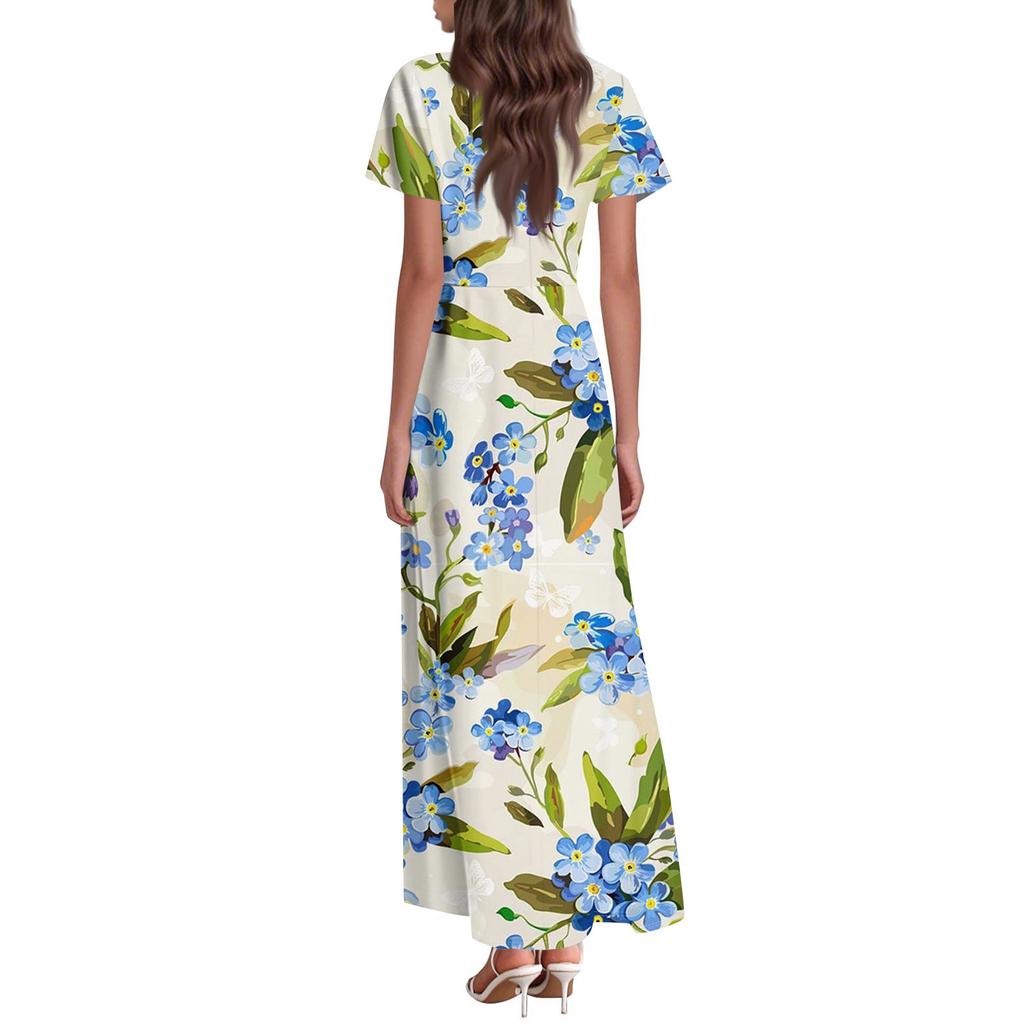Damenkleid mit Hawaii-Print, lässig, Rundhalsausschnitt, kurzärmelig, hohe Taille