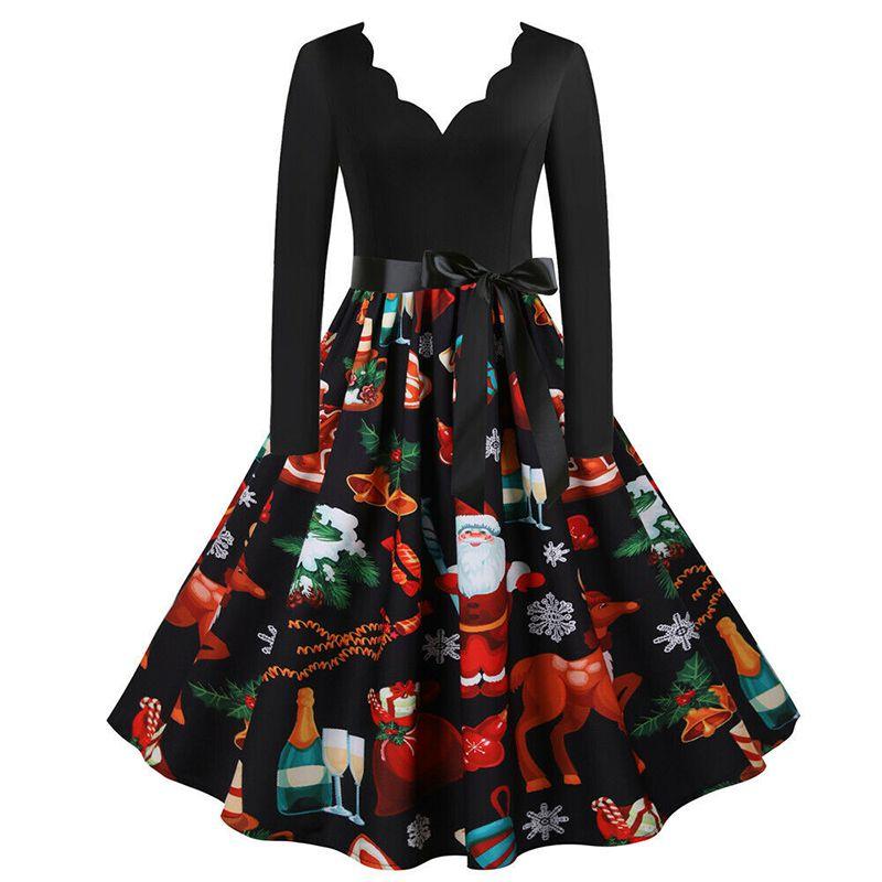 Elegant Santa Claus Print V Neck Christmas Dress For Women In Festive Red And Black