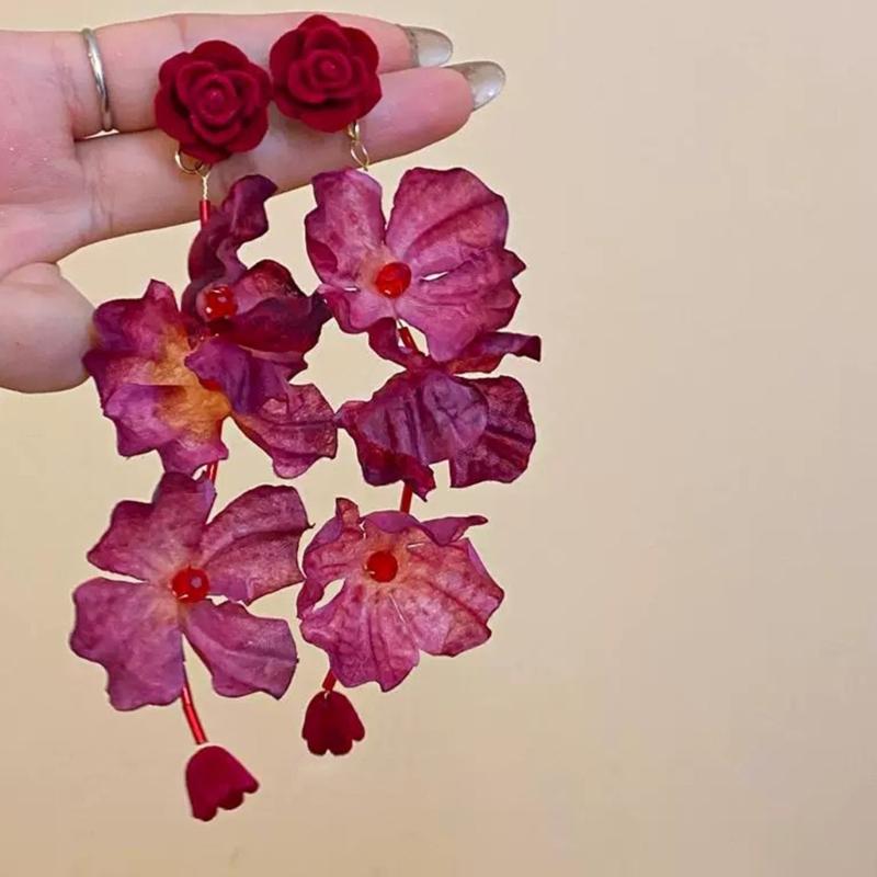Long Flower Dangle Earrings Silver Rose Earrings Vintage Bohemian Jewelry Suitable for Women Party Holiday Wear