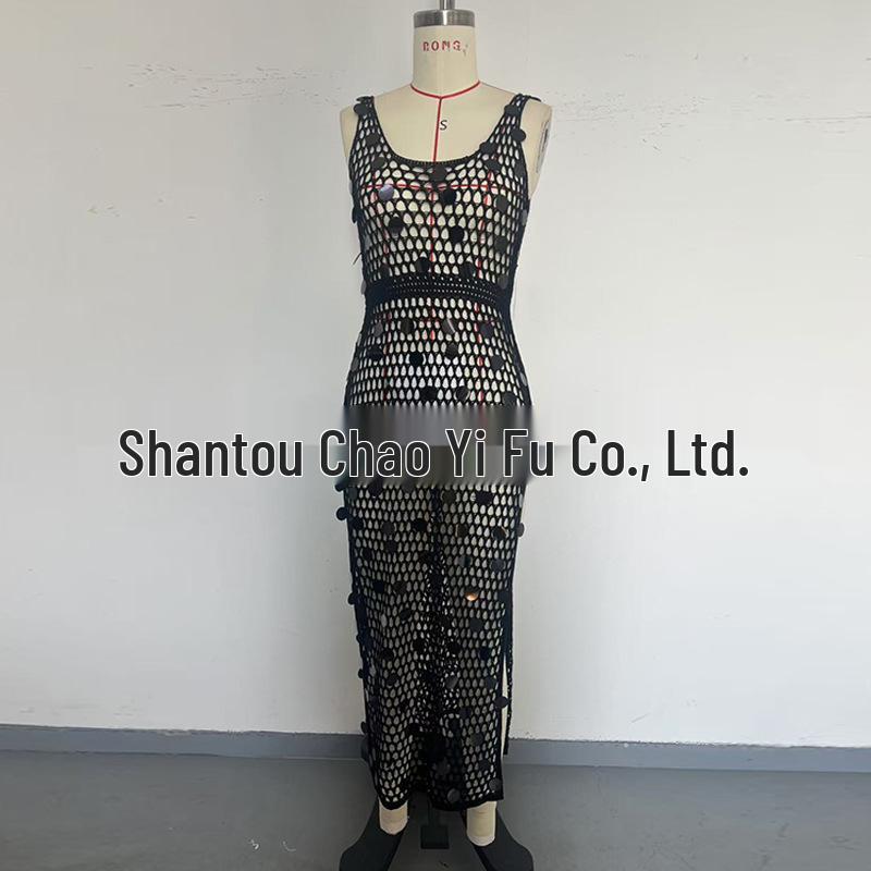 Women's Sequin Long Vacation Dress: Sexy Hollow-Out, Sun Protection Beach Cover-Up