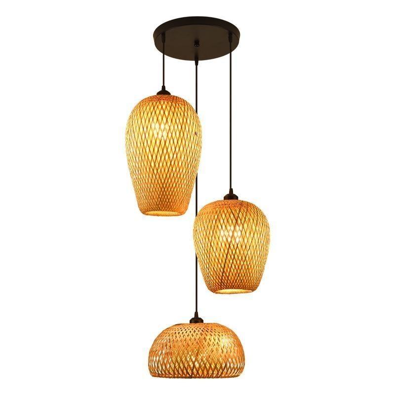 Bedroom Living Room Lantern Chandelier Stairs Retro Rattan Three-Head Hanging Light Bamboo Weaving Combination Creative Lamp