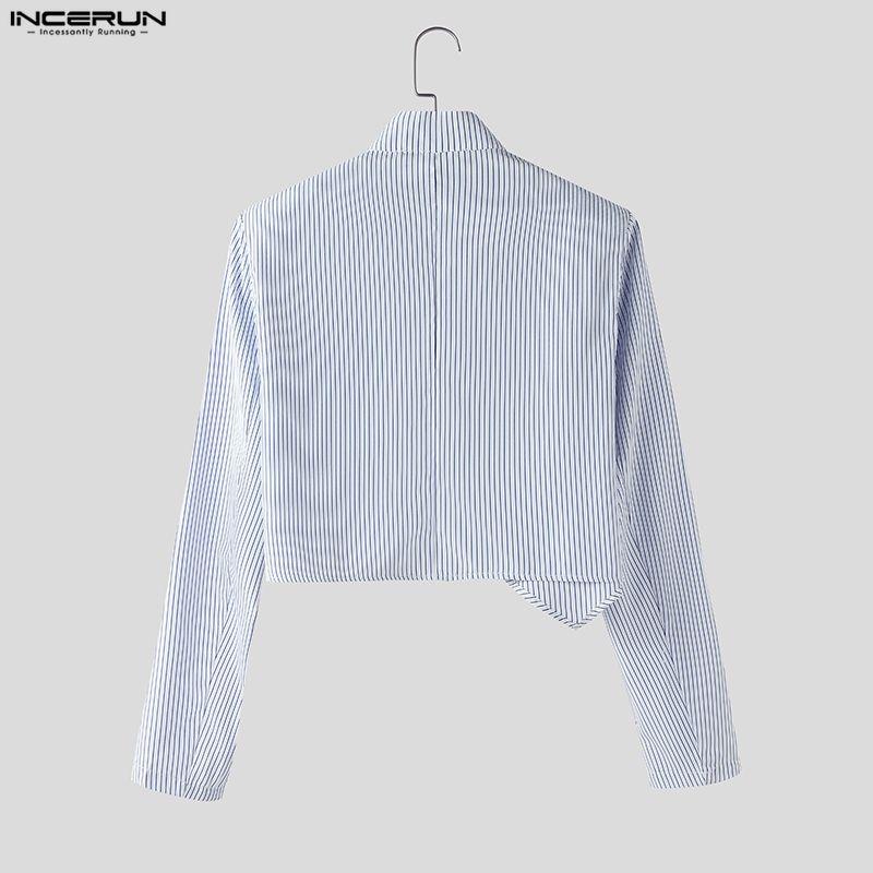 INCERUN Herren Outfits Stehkragen Gestreifte Langarm Crop Tops Reißverschluss High Waist Lange Hosen Sets