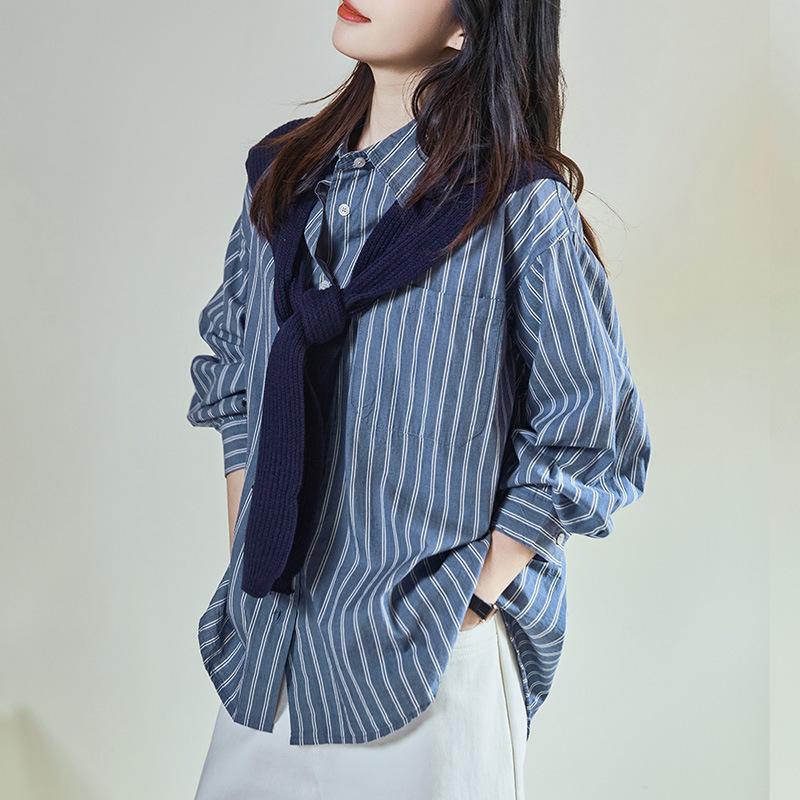 Blue Striped Shirt Women's Long Sleeves Knitted Shawl Top Spring Design Women's Shirt