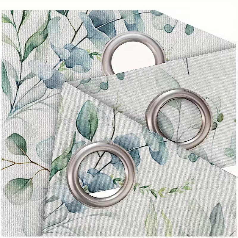2 Pcs Green leaves print Perforated curtains  suitable for bedroom  living room kitchen decoration  home decoration  window decor