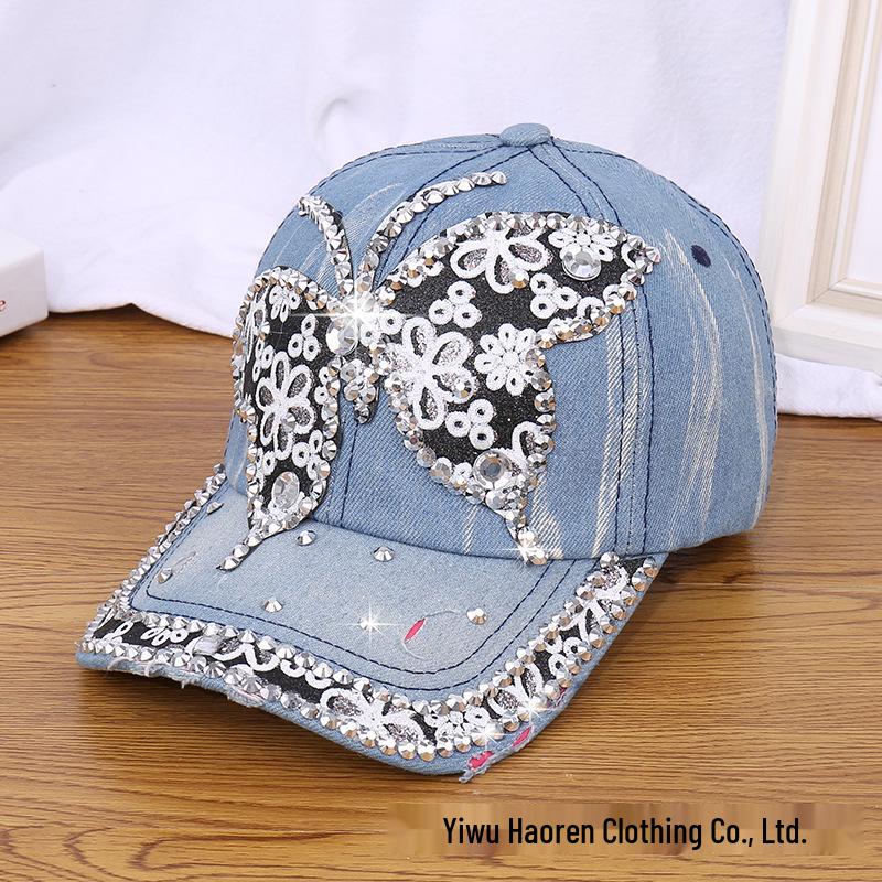 Damen Strass Denim Baseballkappe - Paris Schriftzug Sonnenhut
