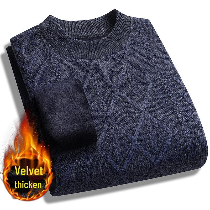 Men's Autumn/Winter Fleece-Lined Sweater for Middle-Aged & Elderly - Warm, Thick, Round Neck Design