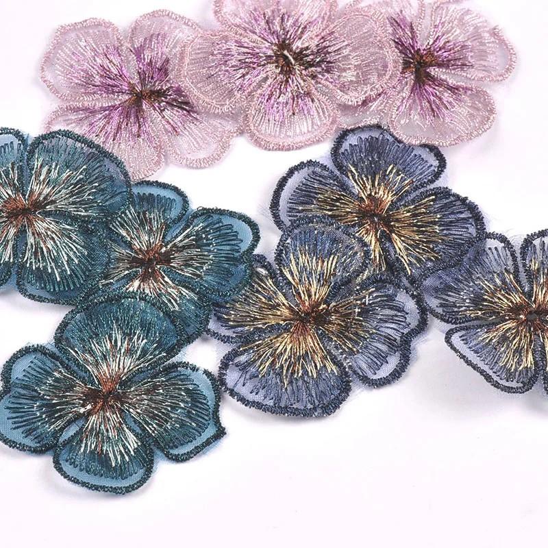 10 Pcs Pink Dark Blue Embroidered Lace Flower Patches Applique Cothing Patches Decorative Accessories