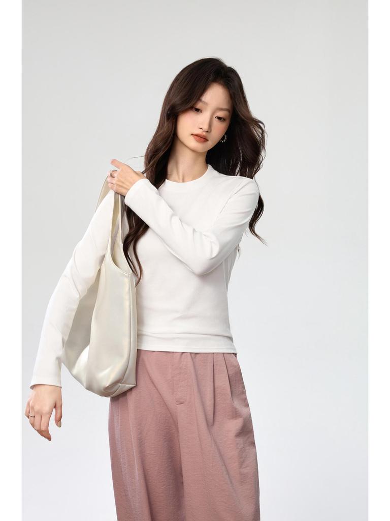 Damski Luźny Bawełniany T-shirt z Długim Rękawem w Kolorze Różowym, Półwysoki Okrągły Dekolt