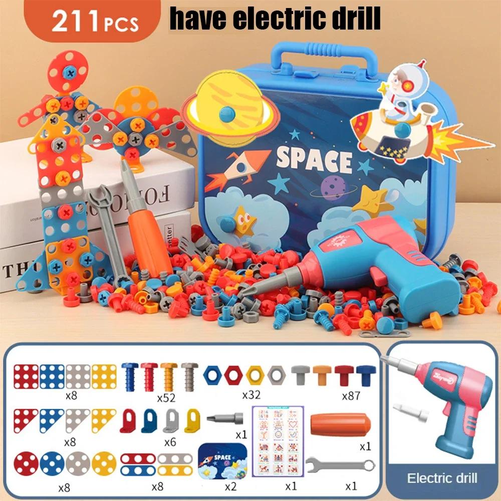 Ungiftige 3D-Puzzle-Spielzeuge Rollenspiel Werkzeugkasten Bohren Montage Lernspielzeug Kinderspielzeug Werkzeugkasten Elektrischer Bohrer Schraube Mutter