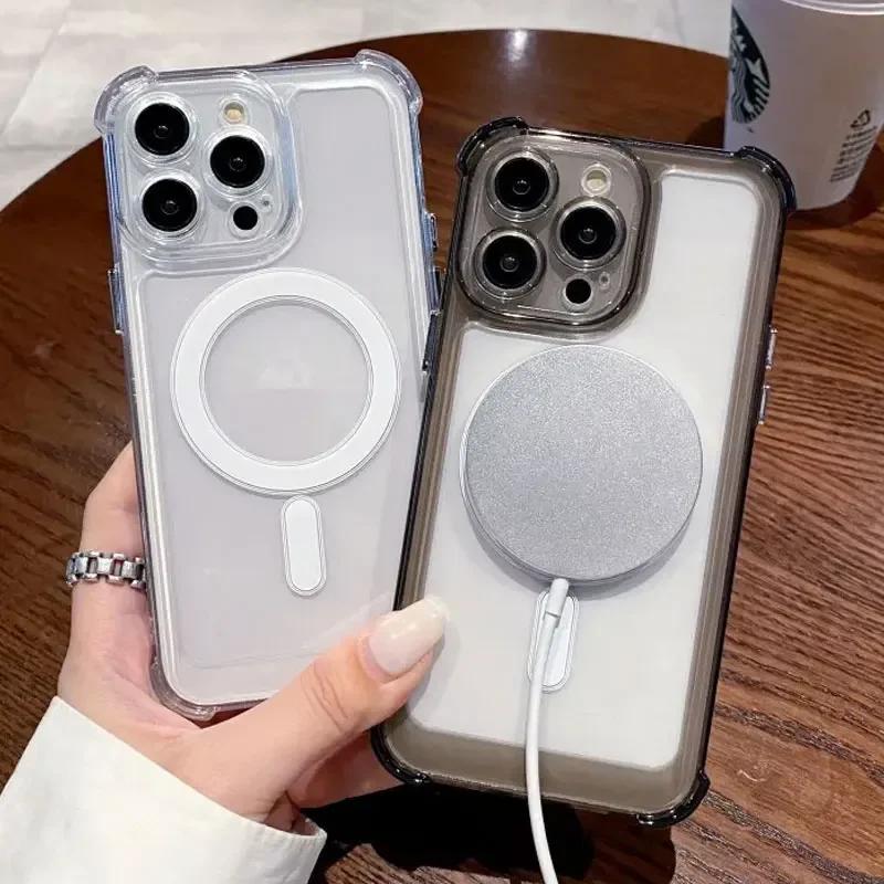 Luxury Magsafe Transparent Case for iPhone 16 15 14 13 12 11 Pro Max Plus Magnetic Wireless Charge Shockproof Soft Bumper Cover