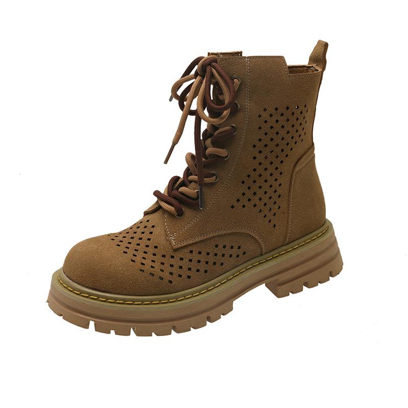 Brown thick-soled rhubarb boots women's 2025 summer new inner heightening hollow Martin boots short boots western cowboy boots
