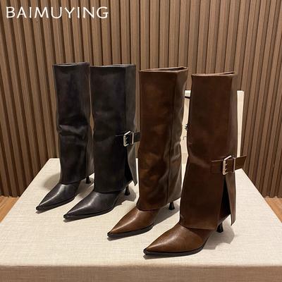 Pointed Toe Women High Boots Leather Fad Sexy High Heels Shoes 2025 Trend Designer Buckle Pumps Knee High Winter Botas De Mujer