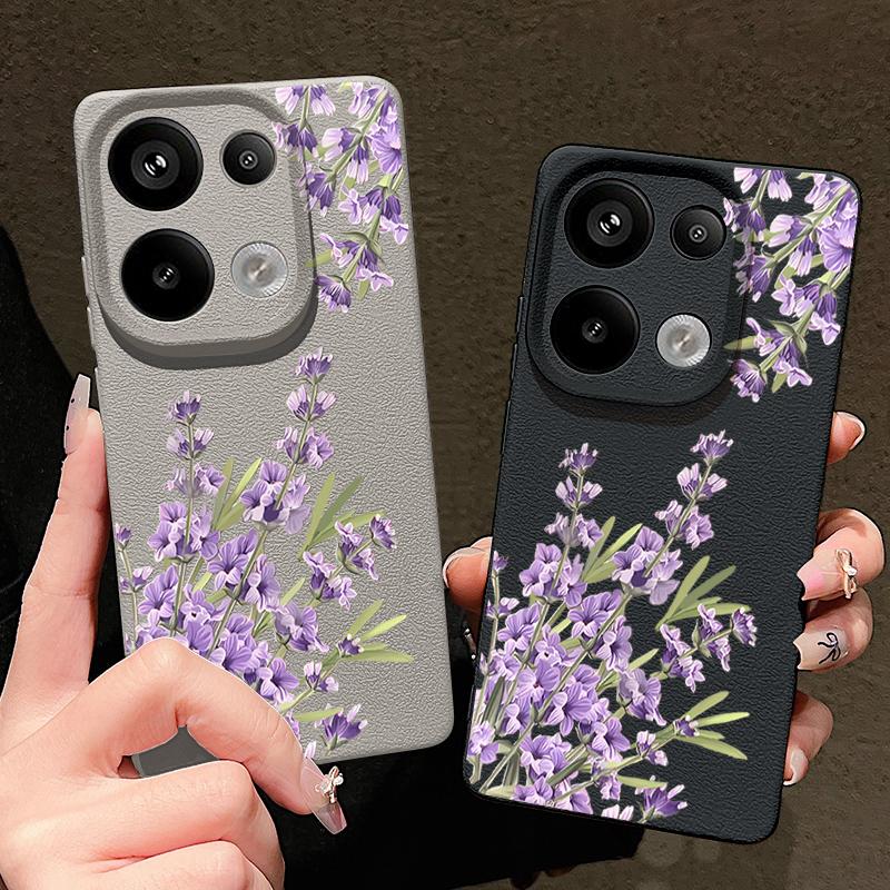 Purple Floral Pattern Leather Texture TPU Matte Case For Xiaomi 13T Pro Poco X7 X6 M6 Redmi 13C Note 14 Pro 13 12 11 Slim Shockproof Soft Phone Cover