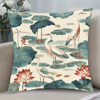1pc, Modern Style Short Plush Design with Stork And Lotus Pattern, Single-Sided Print, Machine Washable, Zipper Closure, Made of Polyester Fabric, Not