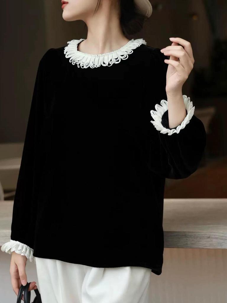 Women's French Retro Mulberry Silk Velvet Top with Lace & Butterfly Trim