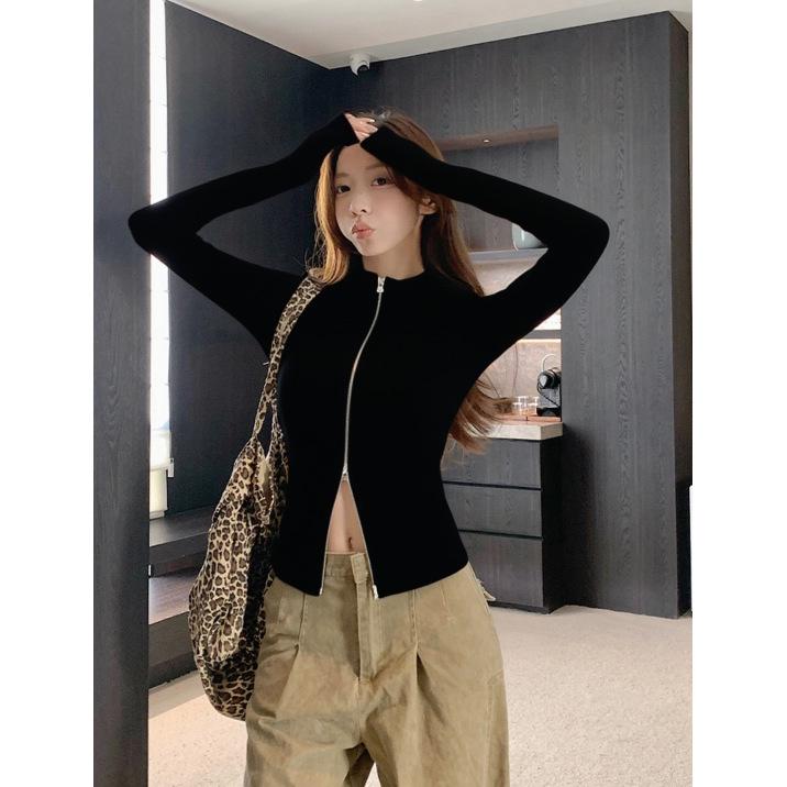 Petite Women's Double-Zip Waist-Cinched Cardigan with Stand-Up Collar - Spring/Autumn Long-Sleeve Top 2025