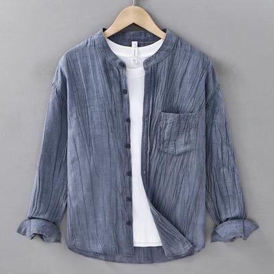 Spring Tiansi Ramie Men's Shirt with Long Sleeves Casual Loose Wrinkled Linen Stand Collar Shirt