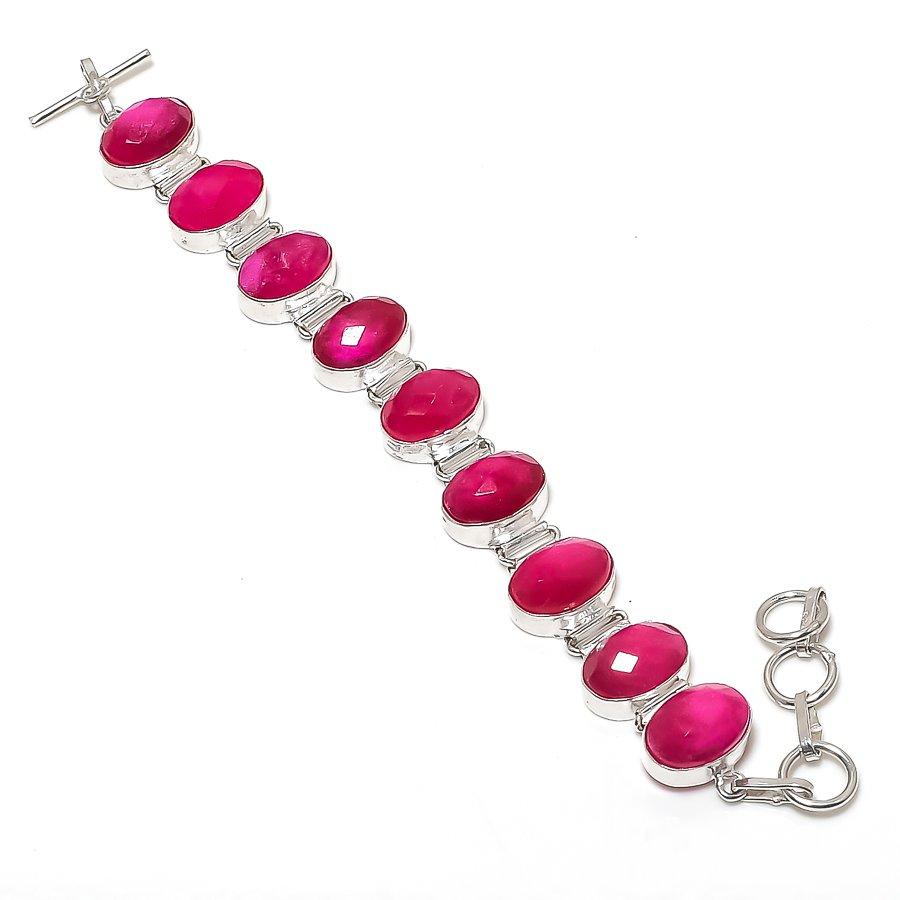 Kashmir Ruby (Simulated) Gemstone 925 Sterling Silver Bracelet 7-8" H9u84