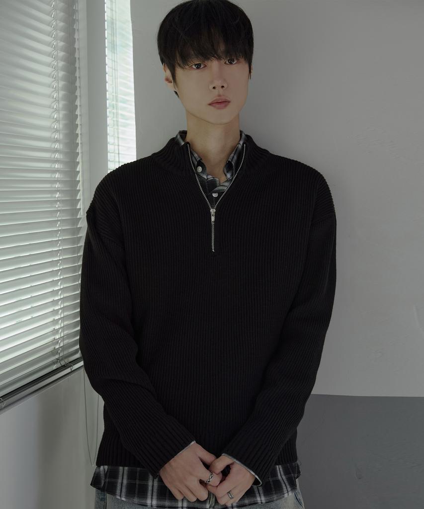 NODU Quarter Half Zip Ribbed Knit [Black]