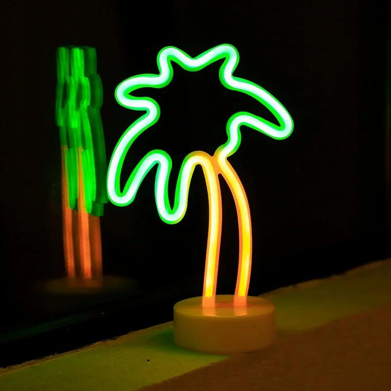 Festoon LED Neon Night Light Sign Flamingo Coconut Tree Cactus Table Lamp Kids Birthday Gifts Room Decoration USB/Battery Power