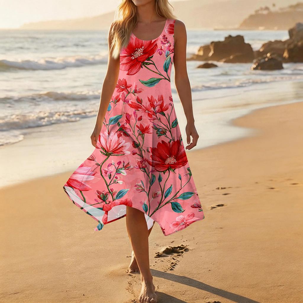 Women's Casual Fashion Round Neck Sleeveless Floral Print Midi Dress with Irregular Hem
