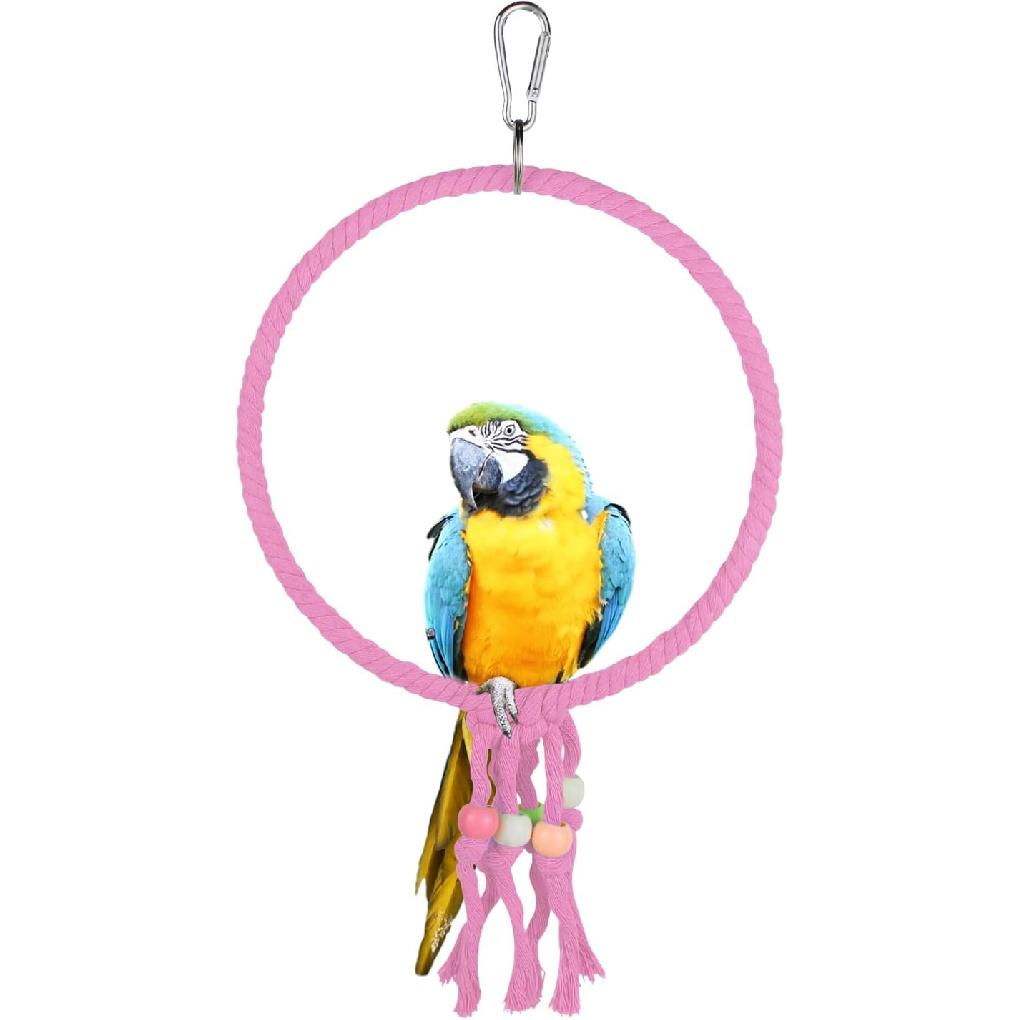 Bird Swing, 20 CM Diameter Hanging Parrot Swing with Colourful Beads, Swing Parrot Toys Cotton Rope Ring Bird Cage Toys for Budgie, Cockatiel,