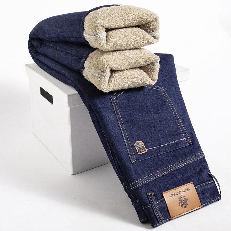 Winter Lamb Fluff Denim Straight Pants Men Thicken Big Size Jeans High Waist Stretch Jeansy Fleece Lined Warm Slim