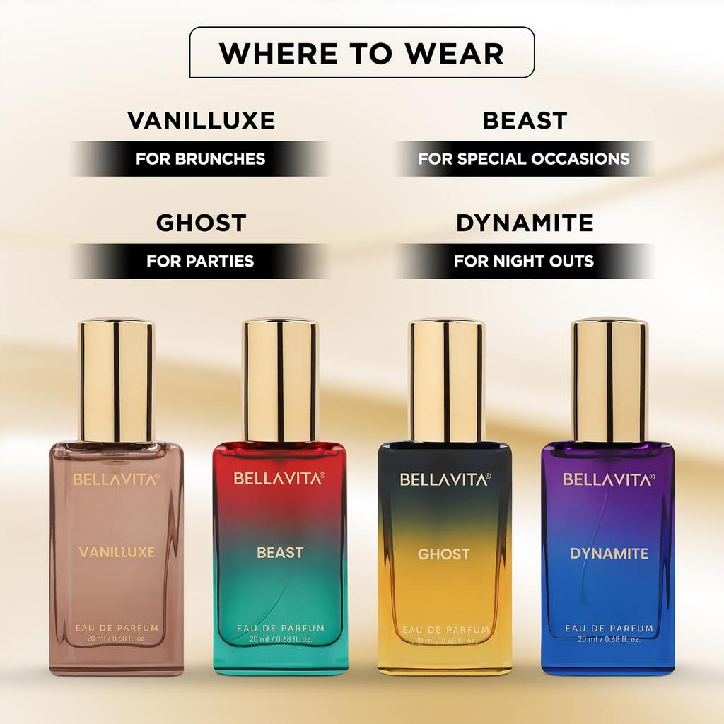 BELLAVITA Parfumuri Magice 4x20ml | Set Cadou Parfum EDP de Lungă Durată pentru Bărbat și Femeie | Vanilie, Caramel & Mosc | Parfum Floral, Picant Premium