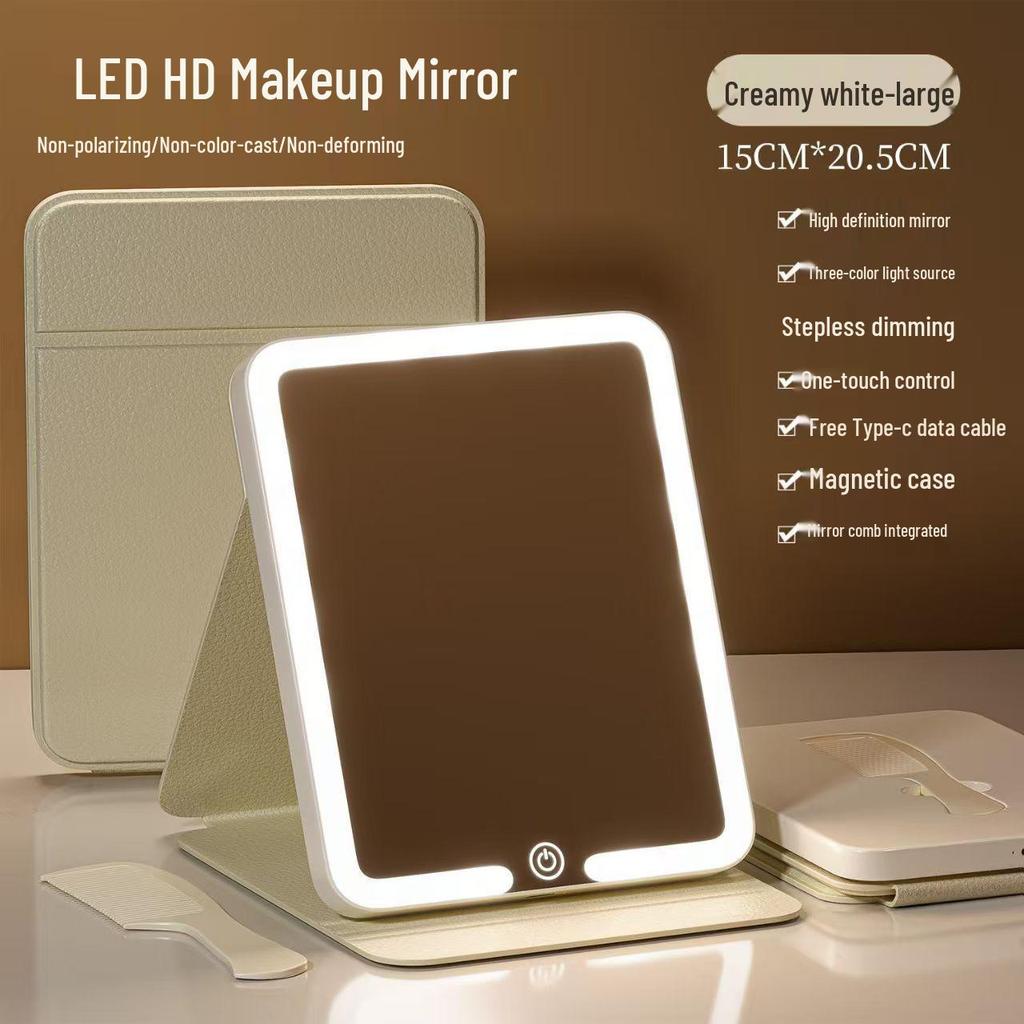 LED Folding Makeup Mirror with Comb – Compact, Lighted, and Convenient for Desktop Use