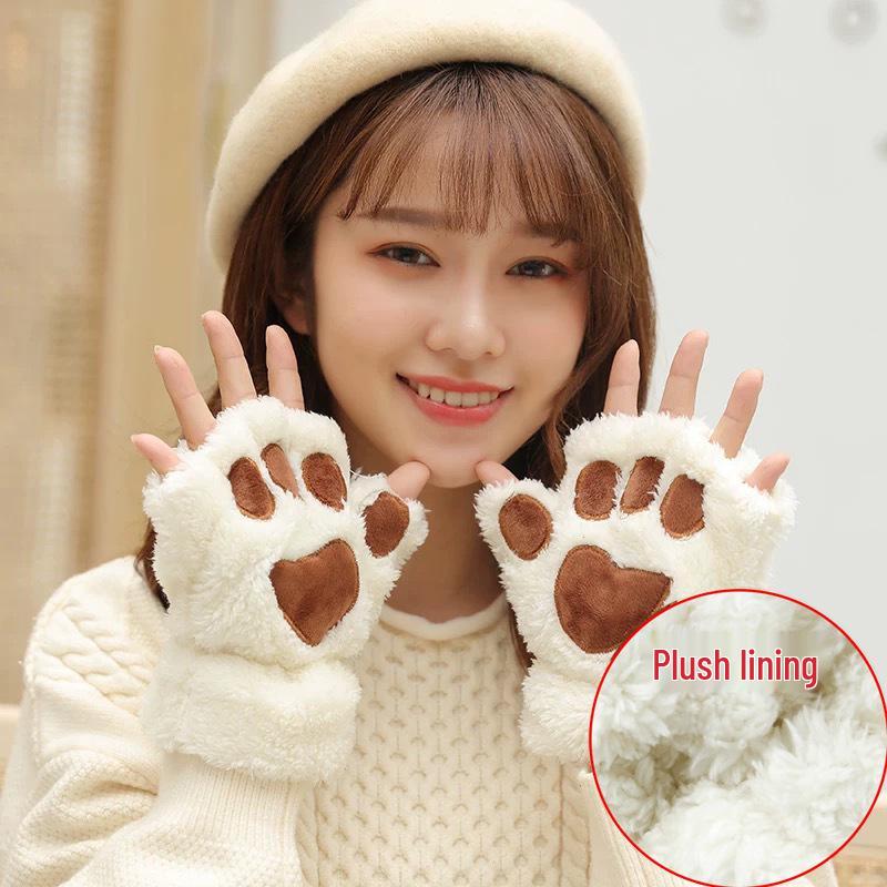 Cartoon Bear Paw Plush Gloves: Soft, Warm, and Cute Half-Finger Design for Women and Students.