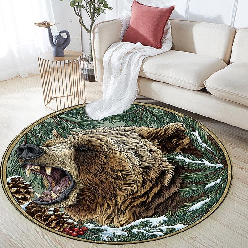 Grizzly Bear Round Area Rug,Carpet Rug for Living Room Bedroom Sofa Playroom Decor,Non-slip Floor Mat