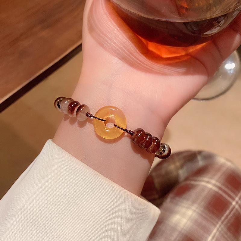 Lucky Peace Buckle Beaded Woven Bracelet for Women Retro Brown Handmade Ethnic Style Adjustable Bracelet Friendship Jewelry