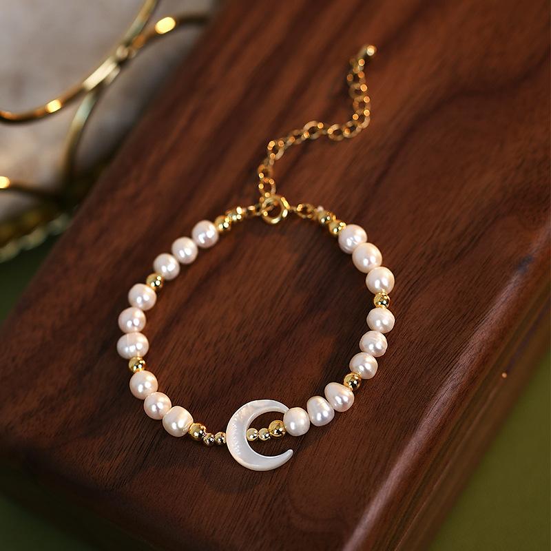 New Arrival Trendy Moon Design Natural Freshwater Pearl 14K Gold Filled Ladies Bracelet  For Women Birthday Gifts