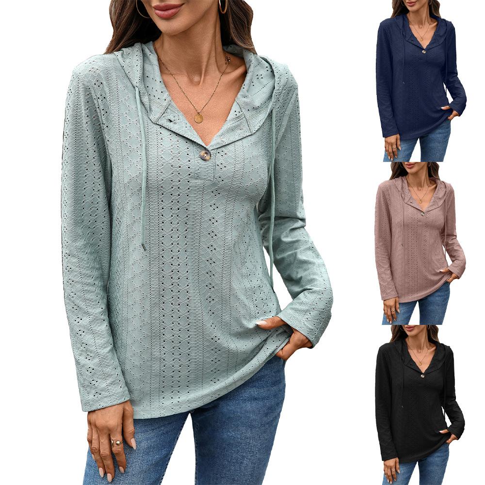 Women's V Neck Eyelet Blouse Long Sleeve Lapel Collar Hollow Out Button Casual Loose Solid Color Top