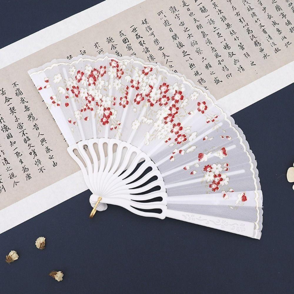 Elegent Chinese Style Plum Blossom Fan Plastic Dance Performance Props Antique Folding Fan Flower Pattern Cloth Dance Fan