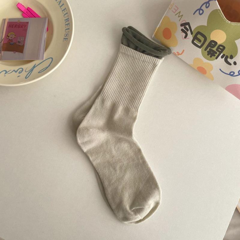 

Весенние хлопковые носки для женщин, модные носки до середины икры и для верхней одежды, двухцветные махровые носки с разрезами, универсальные носки конфетных цветов 1 pair серый/зелёный