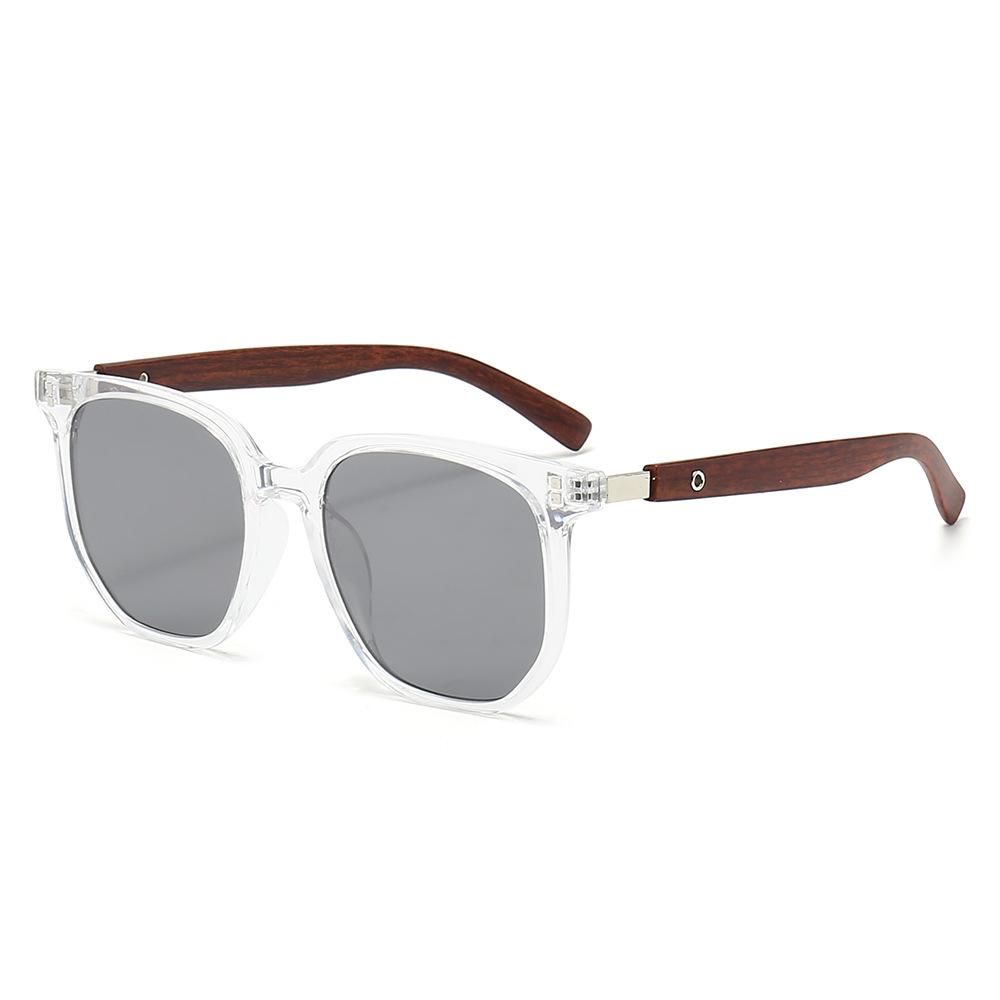 Tea-colored sunglasses for women, retro-style with faux wood grain frames, suitable for round faces, TR material, sun protection