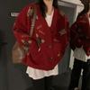 Sweater Jacket Women's Fall Red Retro Casual Knit Jacket Slim Button Cozy Tops